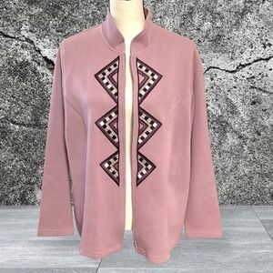 Bob Mackie Wearable Art Mauve Pink Geometric Embroidered Zip Cardigan 1X